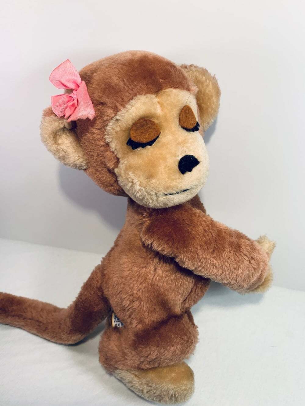 Dakin Vintage Sleepy hugging Monkey pink bow 1975 plush